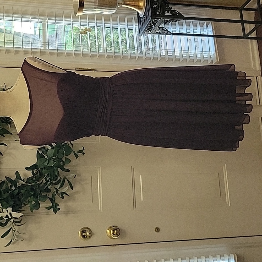 Davids Bridal plum sleeveless dress empire waist sheer shoulders built-in Bra 4…